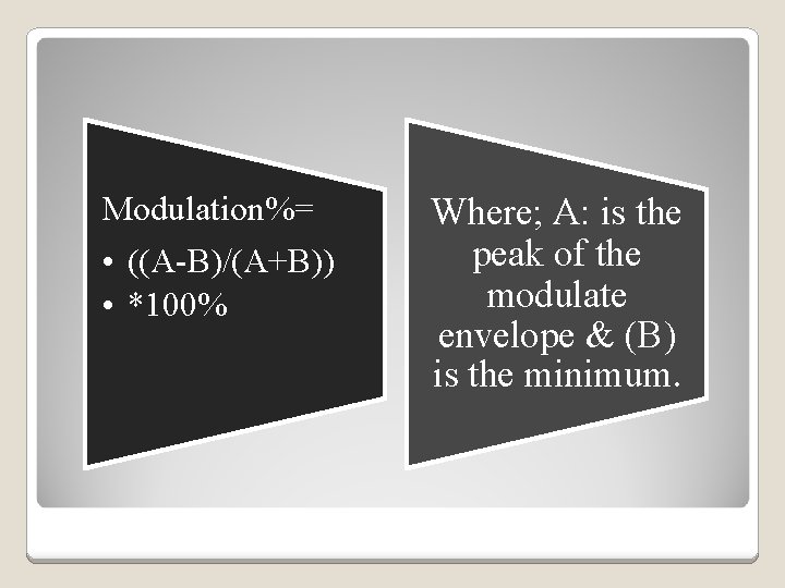 Modulation%= • ((A-B)/(A+B)) • *100% Where; A: is the peak of the modulate envelope