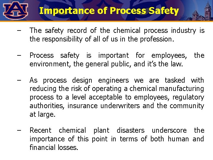 Importance of Process Safety – The safety record of the chemical process industry is