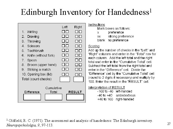 Edinburgh Inventory for Handedness 1 Oldfield, R. C. (1971). The assessment and analysis of