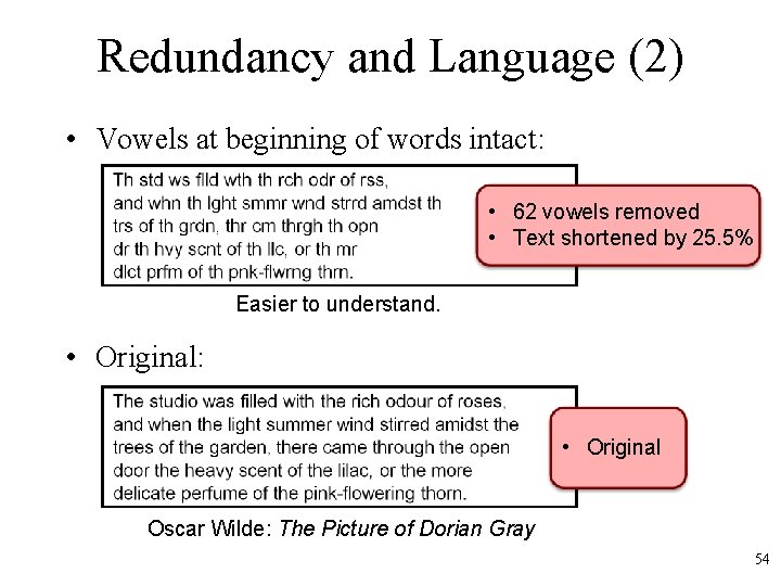 Redundancy and Language (2) • Vowels at beginning of words intact: • 62 vowels