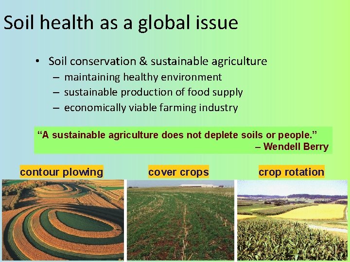 Soil health as a global issue • Soil conservation & sustainable agriculture – maintaining