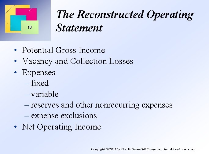 10 The Reconstructed Operating Statement • Potential Gross Income • Vacancy and Collection Losses