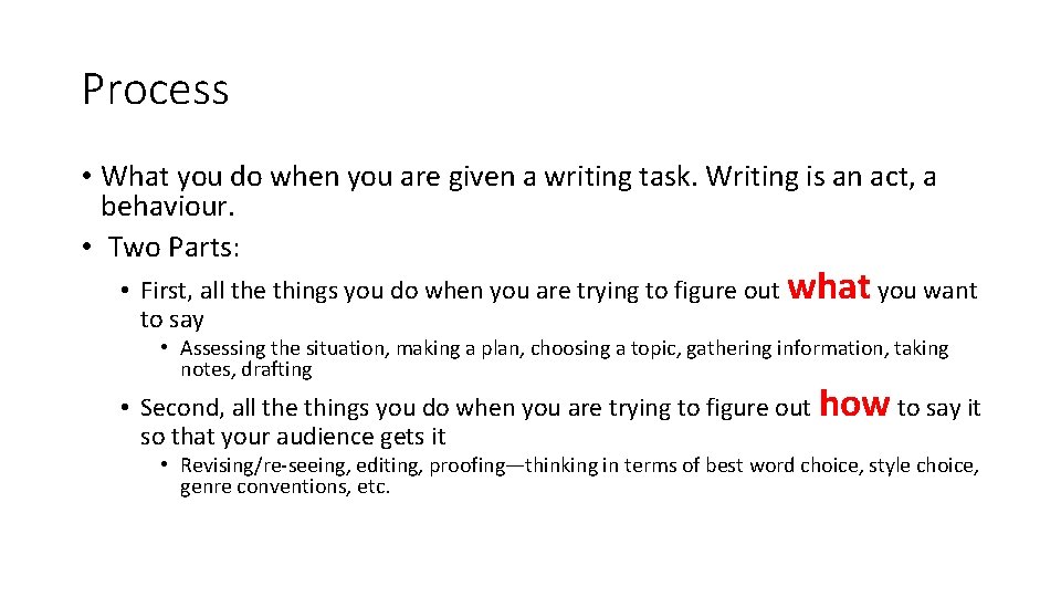 Process • What you do when you are given a writing task. Writing is