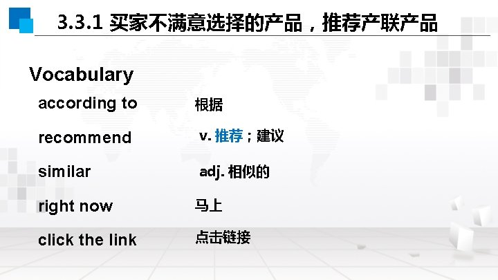 3. 3. 1 买家不满意选择的产品，推荐产联产品 Vocabulary according to 根据 recommend v. 推荐；建议 similar adj. 相似的