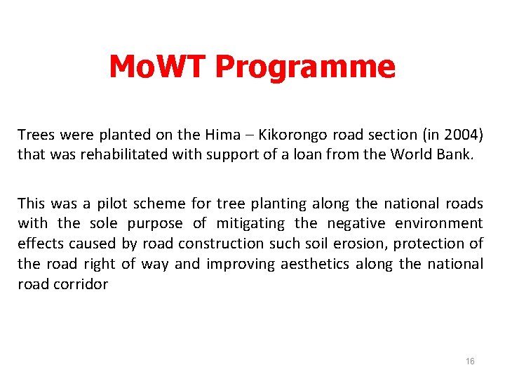 Mo. WT Programme Trees were planted on the Hima – Kikorongo road section (in