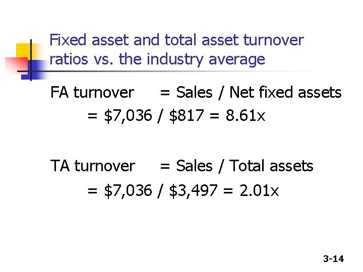 Fixed asset and total asset turnover ratios vs. the industry average FA turnover =