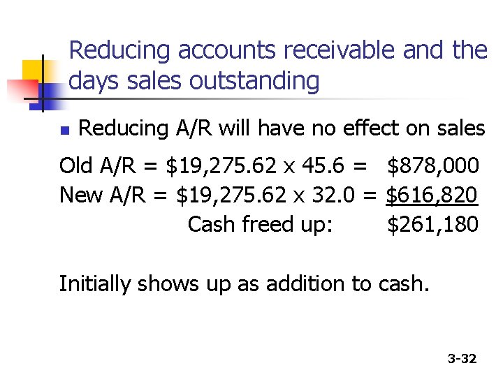 Reducing accounts receivable and the days sales outstanding n Reducing A/R will have no
