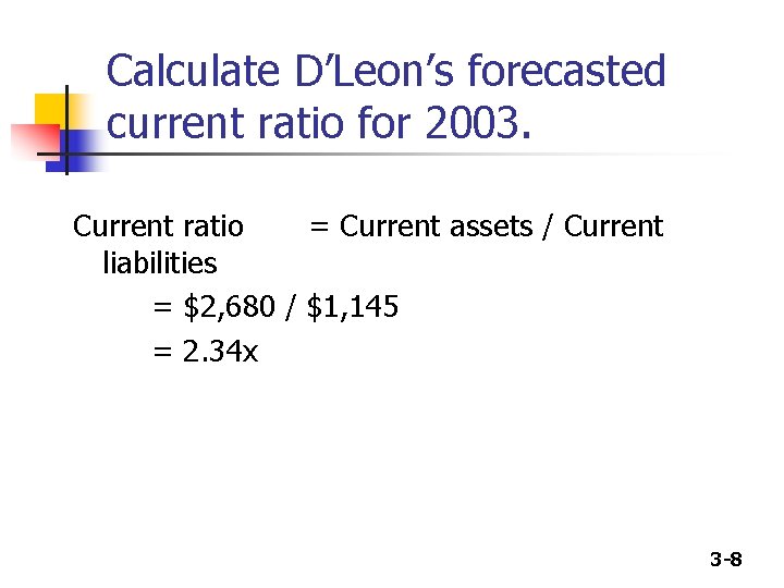 Calculate D’Leon’s forecasted current ratio for 2003. Current ratio = Current assets / Current