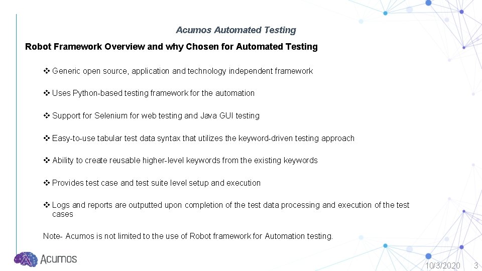 Acumos Automated Testing Robot Framework Overview and why Chosen for Automated Testing v Generic