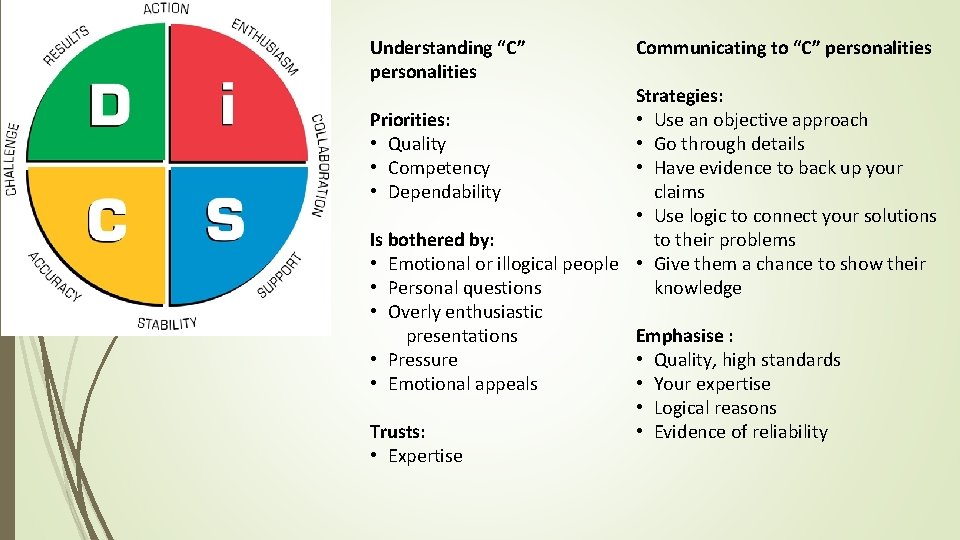 Understanding “C” personalities Priorities: • Quality • Competency • Dependability Communicating to “C” personalities