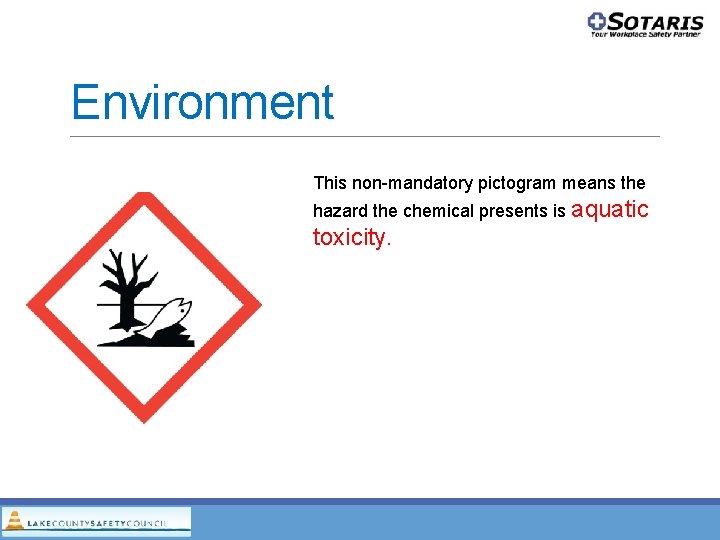 Environment This non-mandatory pictogram means the hazard the chemical presents is aquatic toxicity. Environment This non-mandatory pictogram means the hazard the chemical presents is aquatic toxicity.