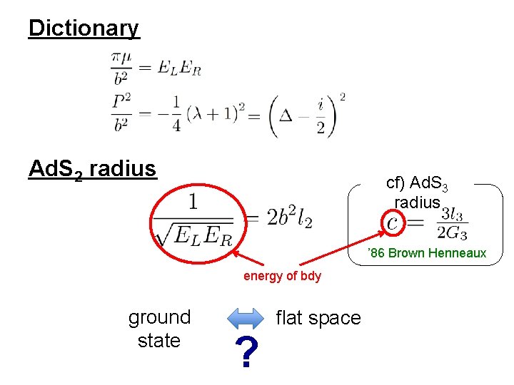 Dictionary Ad. S 2 radius cf) Ad. S 3 radius ’ 86 Brown Henneaux