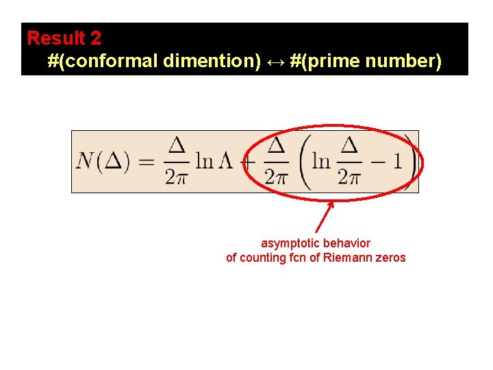 Result 2 #(conformal dimention) ↔ #(prime number) asymptotic behavior of counting fcn of Riemann