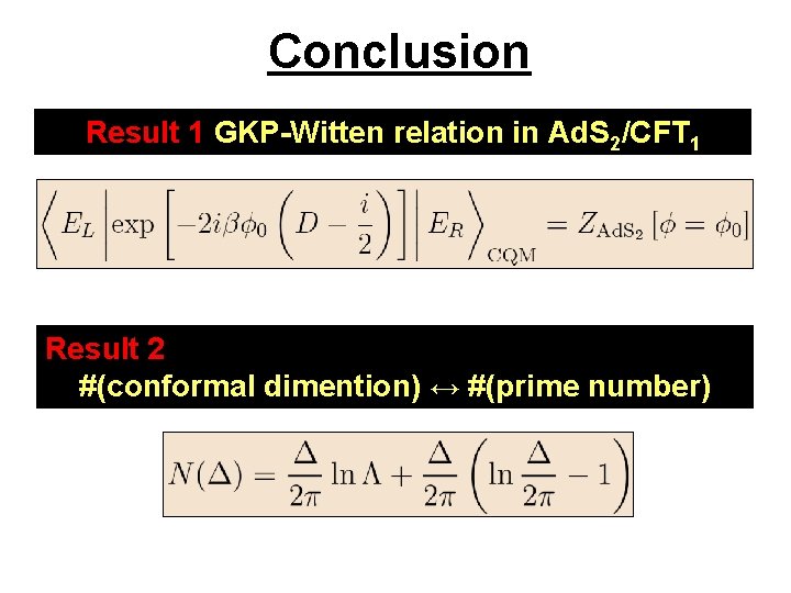 Conclusion Result 1 GKP-Witten relation in Ad. S 2/CFT 1 Result 2 #(conformal dimention)