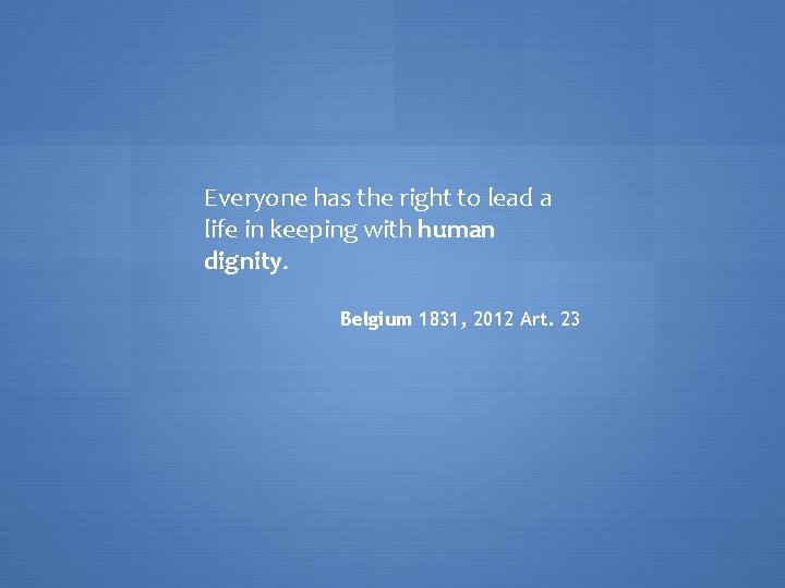 Everyone has the right to lead a life in keeping with human dignity. Belgium Everyone has the right to lead a life in keeping with human dignity. Belgium
