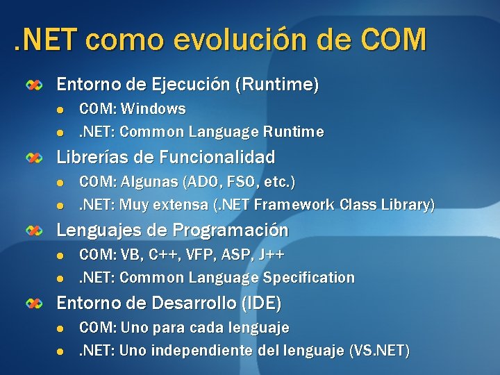 . NET como evolución de COM Entorno de Ejecución (Runtime) l l COM: Windows.