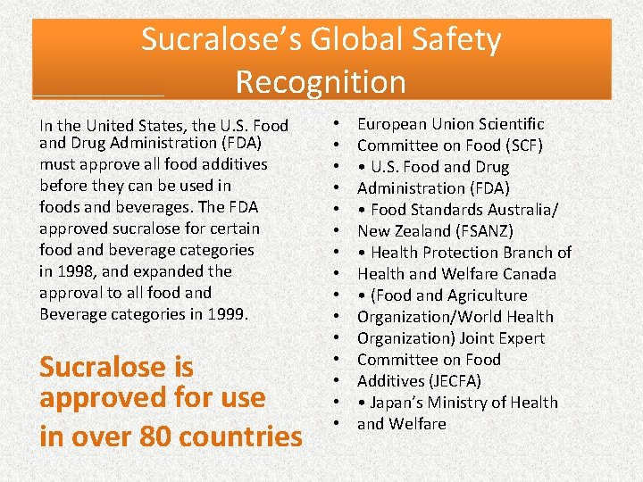 Sucralose’s Global Safety Recognition In the United States, the U. S. Food and Drug