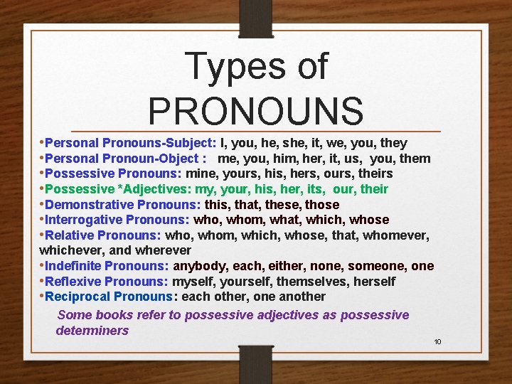 Types of PRONOUNS • Personal Pronouns-Subject: I, you, he, she, it, we, you, they