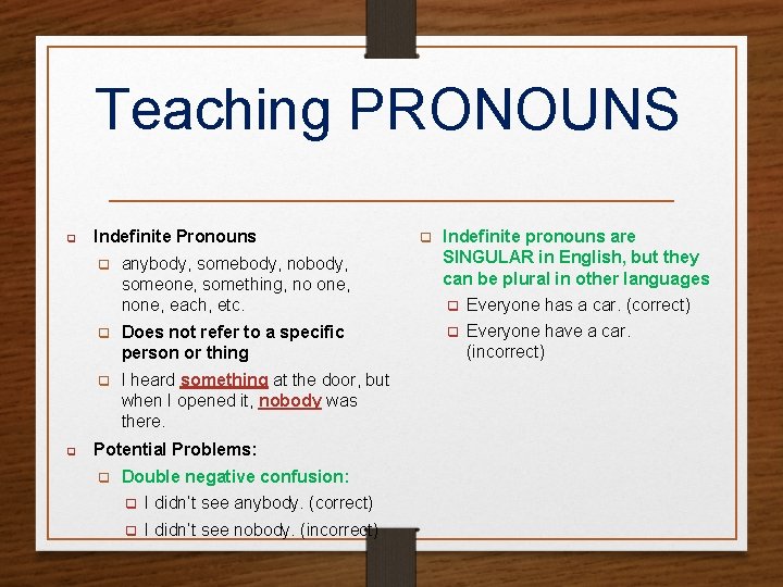 Teaching PRONOUNS q Indefinite Pronouns q q anybody, somebody, nobody, someone, something, no one,