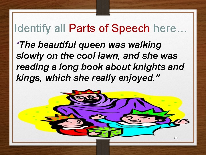 Identify all Parts of Speech here… “The beautiful queen was walking slowly on the