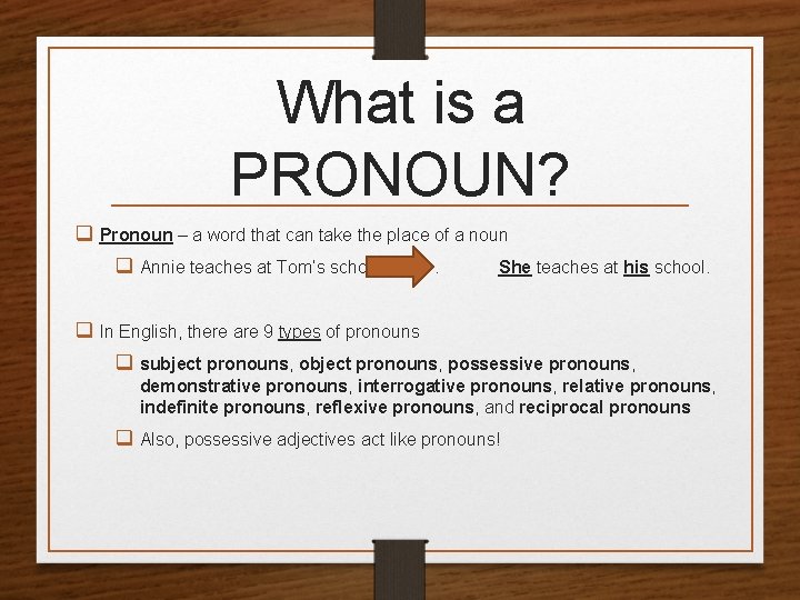 What is a PRONOUN? q Pronoun – a word that can take the place