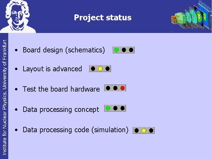 Project status • Board design (schematics) • Layout is advanced • Test the board