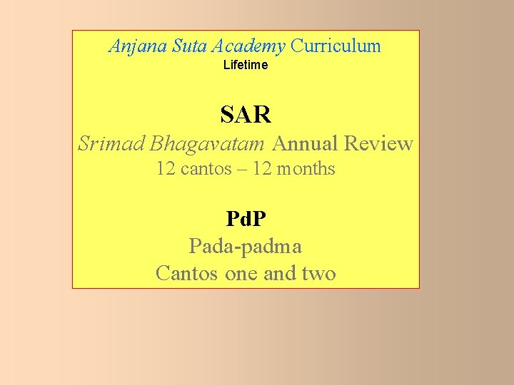 Anjana Suta Academy Curriculum Lifetime SAR Srimad Bhagavatam Annual Review 12 cantos – 12