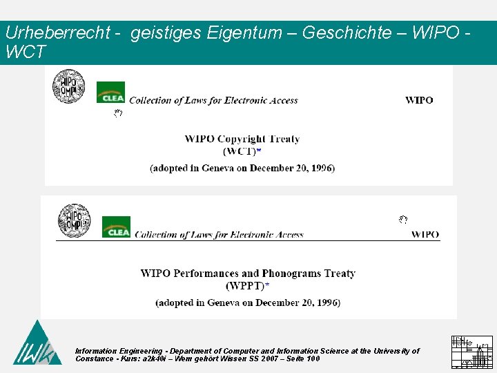 Urheberrecht - geistiges Eigentum – Geschichte – WIPO WCT Information Engineering - Department of