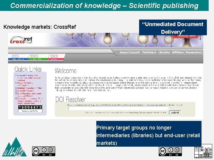 Commercialization of knowledge – Scientific publishing Knowledge markets: Cross. Ref “Unmediated Document Delivery” Primary