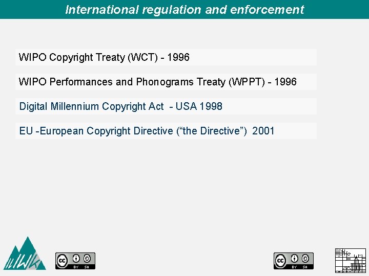 International regulation and enforcement WIPO Copyright Treaty (WCT) - 1996 WIPO Performances and Phonograms