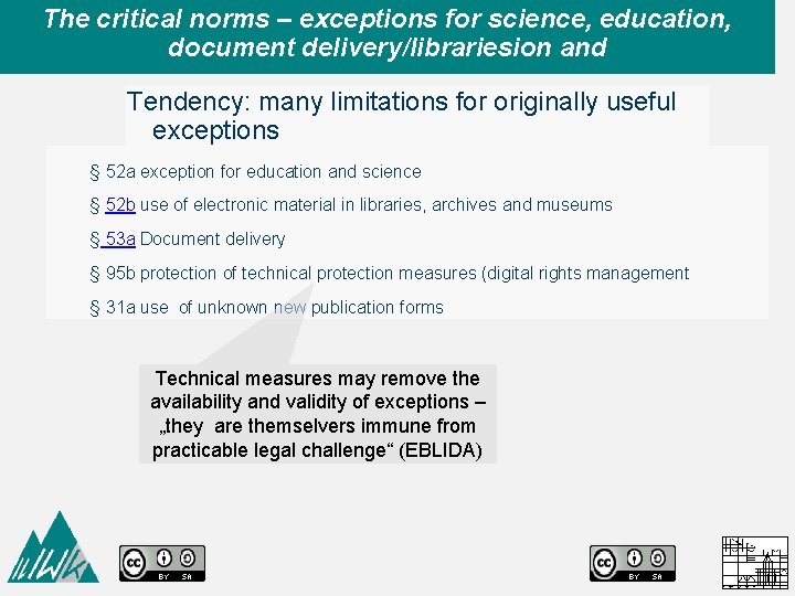 The critical norms – exceptions for science, education, document delivery/librariesion and Tendency: many limitations