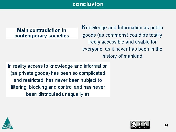 conclusion Main contradiction in contemporary societies Knowledge and Information as public goods (as commons)