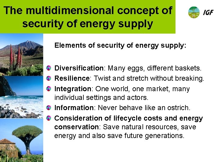 The multidimensional concept of security of energy supply Elements of security of energy supply: