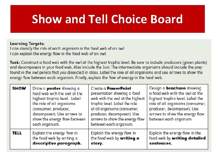 Show and Tell Choice Board 