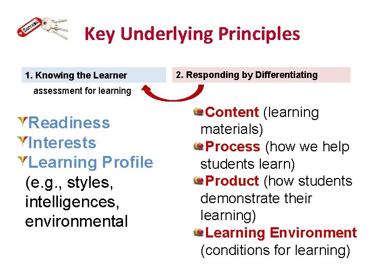 Key Underlying Principles 1. Knowing the Learner 2. Responding by Differentiating assessment for learning