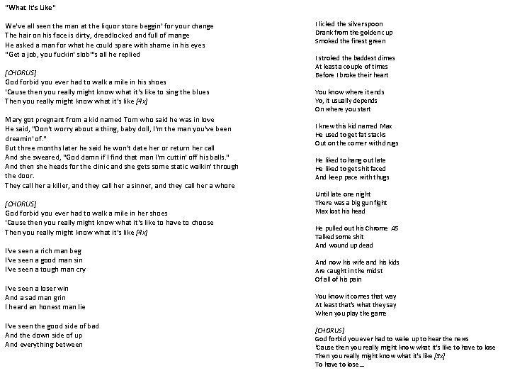 "What It's Like" We've all seen the man at the liquor store beggin' for