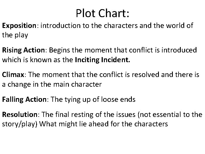Plot Chart: Exposition: introduction to the characters and the world of the play Rising