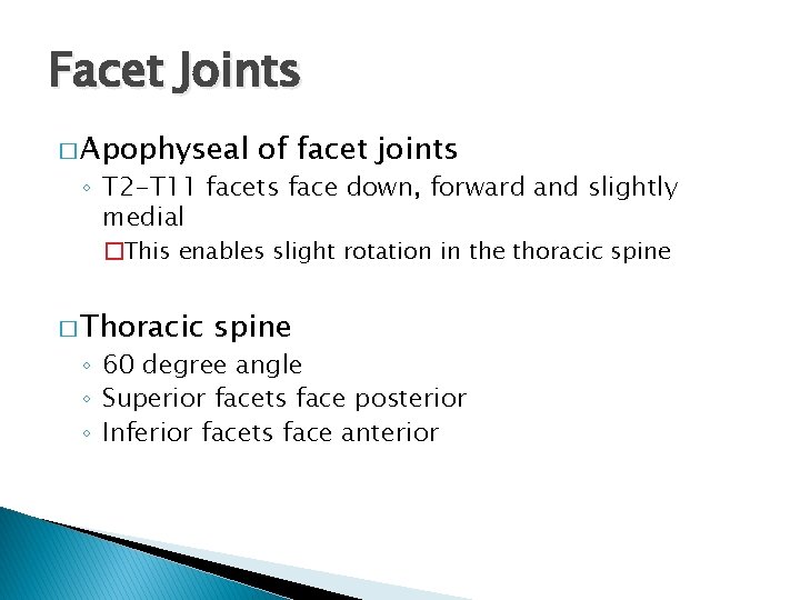 Facet Joints � Apophyseal of facet joints ◦ T 2 -T 11 facets face
