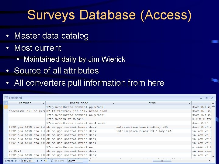 Surveys Database (Access) • Master data catalog • Most current • Maintained daily by