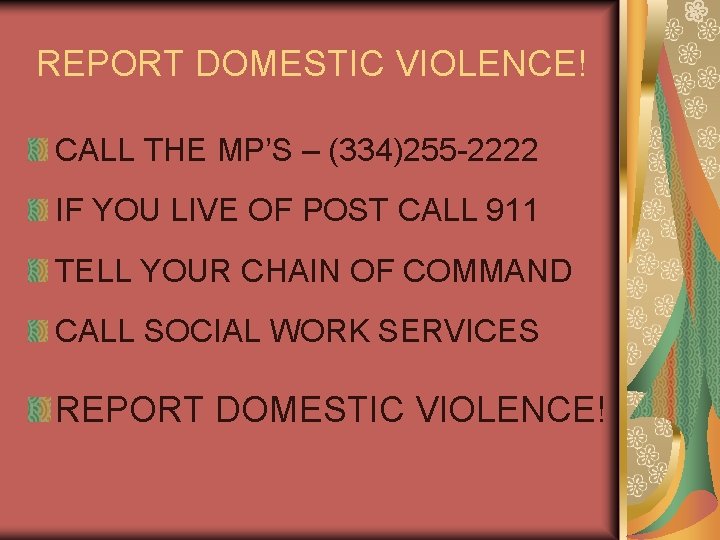 REPORT DOMESTIC VIOLENCE! CALL THE MP’S – (334)255 -2222 IF YOU LIVE OF POST