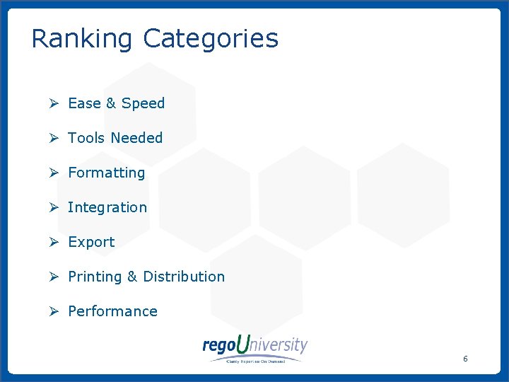 Ranking Categories Ø Ease & Speed Ø Tools Needed Ø Formatting Ø Integration Ø