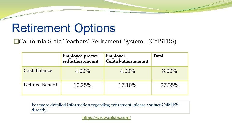 Retirement Options �California State Teachers’ Retirement System (Cal. STRS) Employee pre tax reduction amount