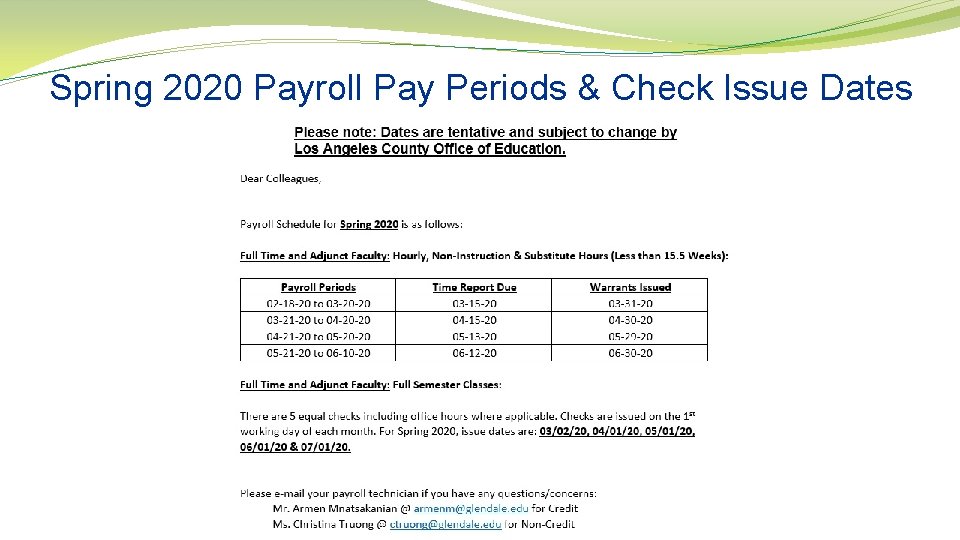 Spring 2020 Payroll Pay Periods & Check Issue Dates 