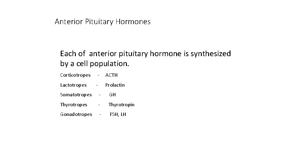 Anterior Pituitary Hormones Each of anterior pituitary hormone is synthesized by a cell population.