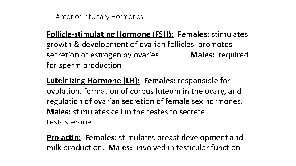 Anterior Pituitary Hormones Follicle-stimulating Hormone (FSH): Females: stimulates growth & development of ovarian follicles, Anterior Pituitary Hormones Follicle-stimulating Hormone (FSH): Females: stimulates growth & development of ovarian follicles,
