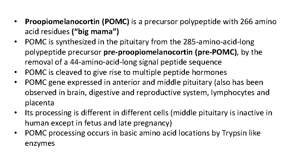  • Proopiomelanocortin (POMC) is a precursor polypeptide with 266 amino acid residues (“big