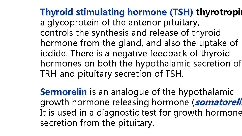 Thyroid stimulating hormone (TSH) thyrotropin a glycoprotein of the anterior pituitary, controls the synthesis Thyroid stimulating hormone (TSH) thyrotropin a glycoprotein of the anterior pituitary, controls the synthesis