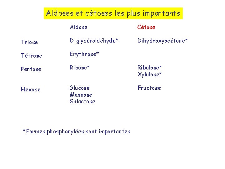 Aldoses et cétoses les plus importants Aldose Cétose Triose D-glycéraldéhyde* Dihydroxyacétone* Tétrose Erythrose* Pentose