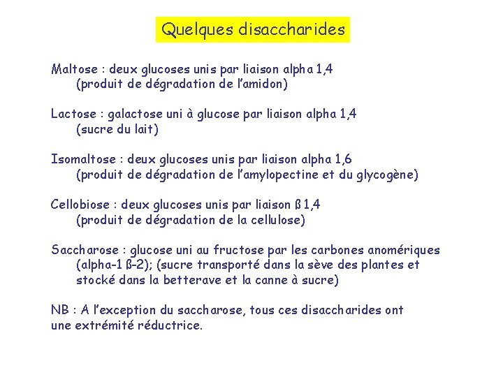 Quelques disaccharides Maltose : deux glucoses unis par liaison alpha 1, 4 (produit de