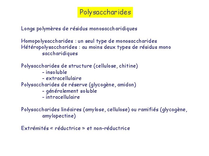 Polysaccharides Longs polymères de résidus monosaccharidiques Homopolysaccharides : un seul type de monosaccharides Hétéropolysaccharides